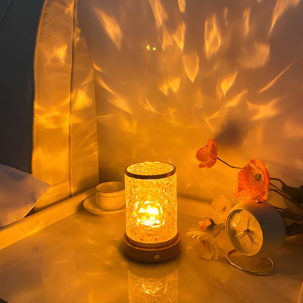 Rotating water ripple night light with solid wood base and USB charging cable