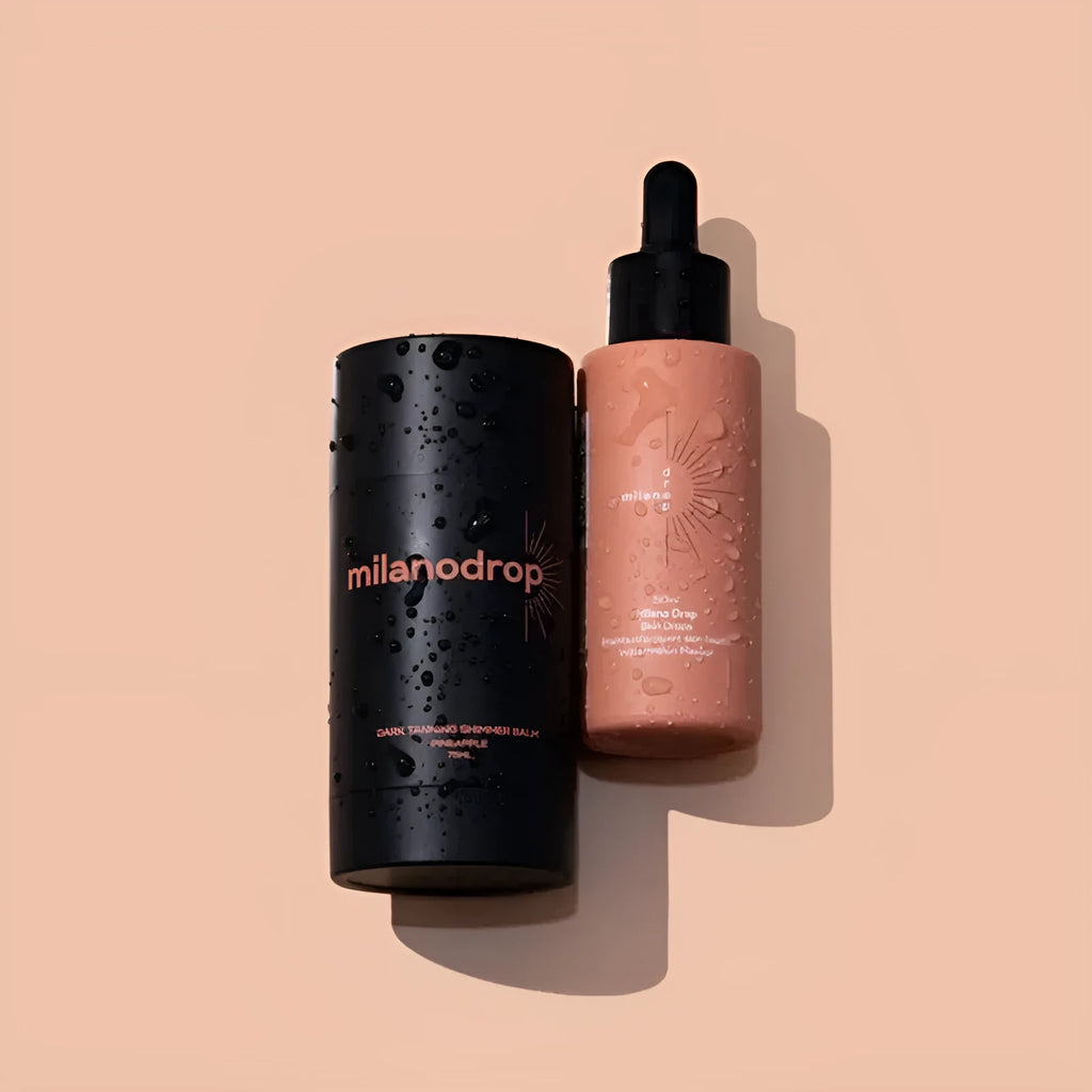 Matte sun tanning black liquid bottle and tube showing 50ml tanning drops and 75ml flash cream.