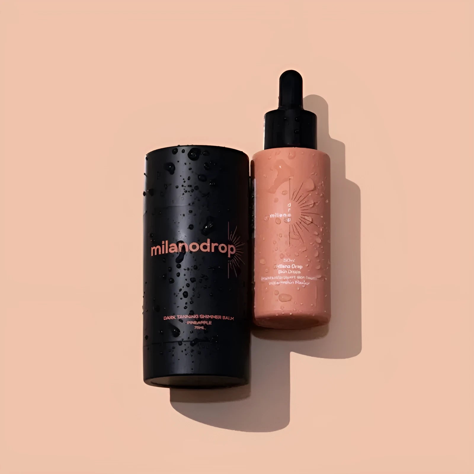 Matte sun tanning black liquid bottle and tube showing 50ml tanning drops and 75ml flash cream.
