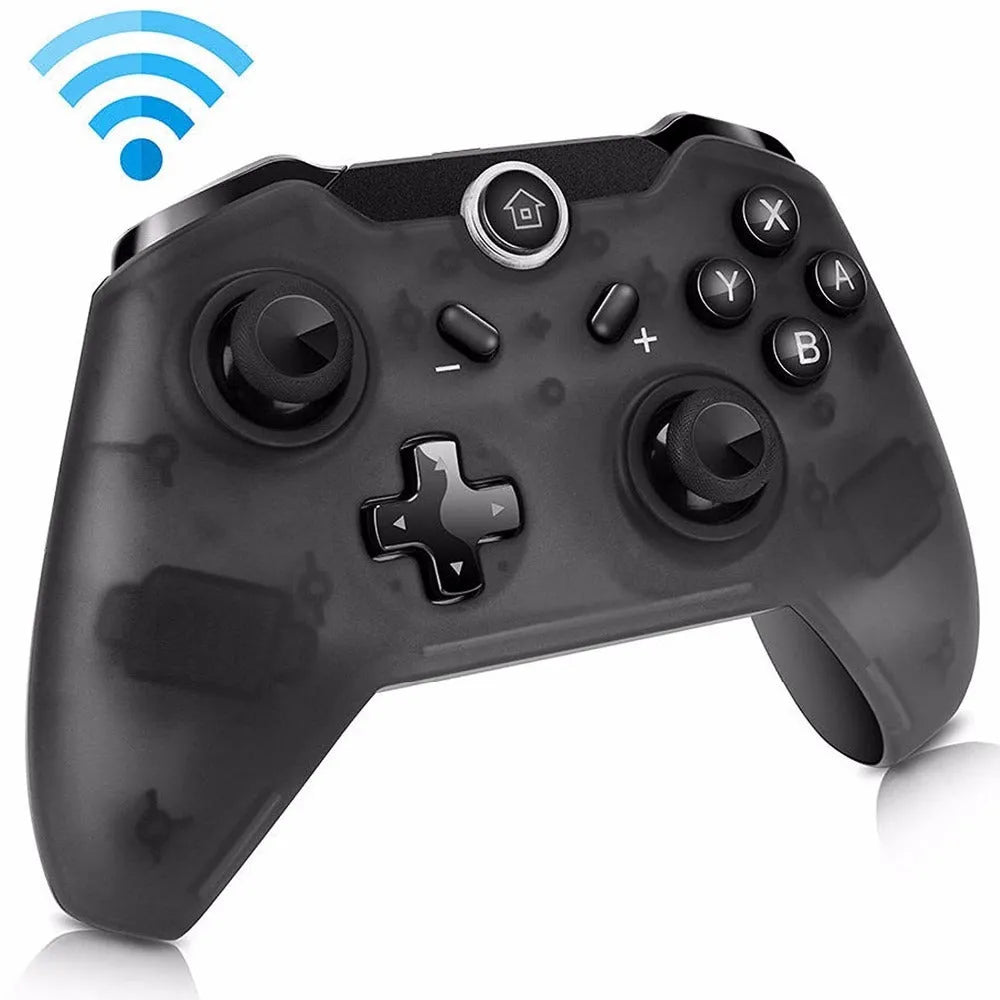 Black wireless Nintendo Switch Pro controller with analogue sticks, action buttons, and D-pad