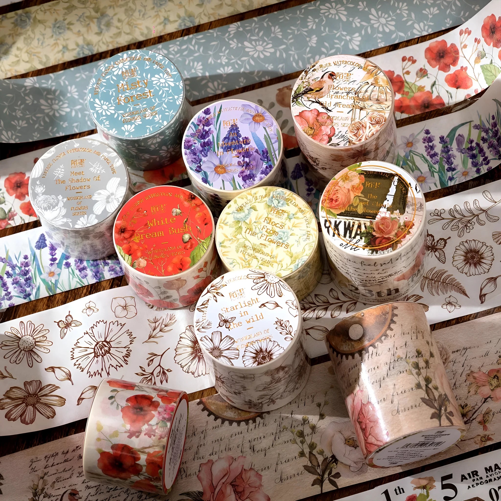 Roll of Japanese paper washi tape with vintage floral watercolour design showing width measurement