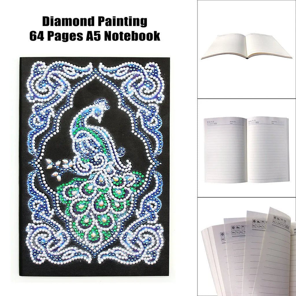 Black A5 notebook with a peacock design made from shaped and bright diamond painting drills.
