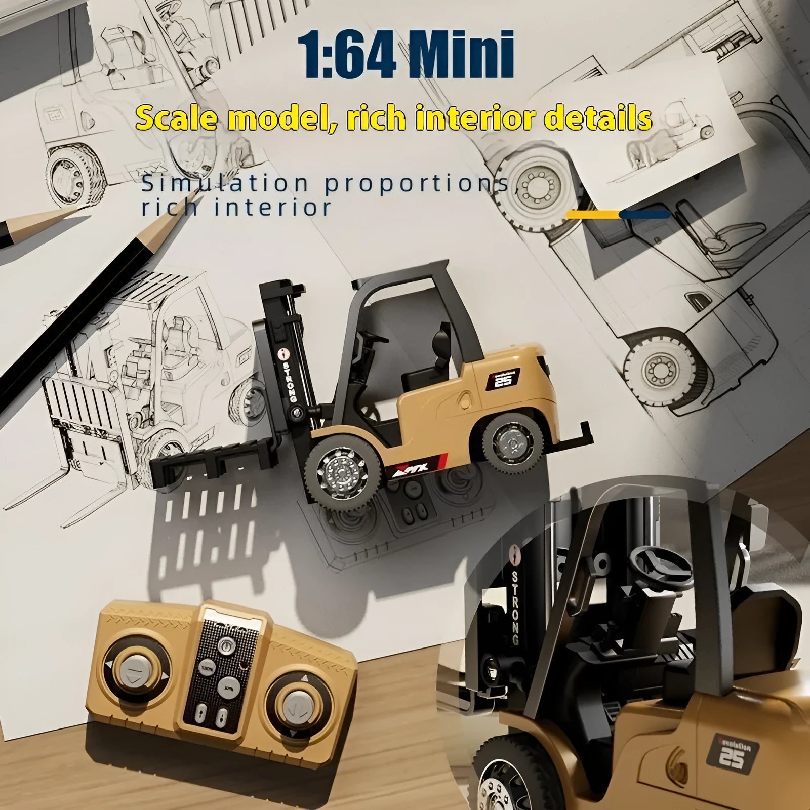 Blue mini alloy forklift remote control toy with cargo accessories on pallet