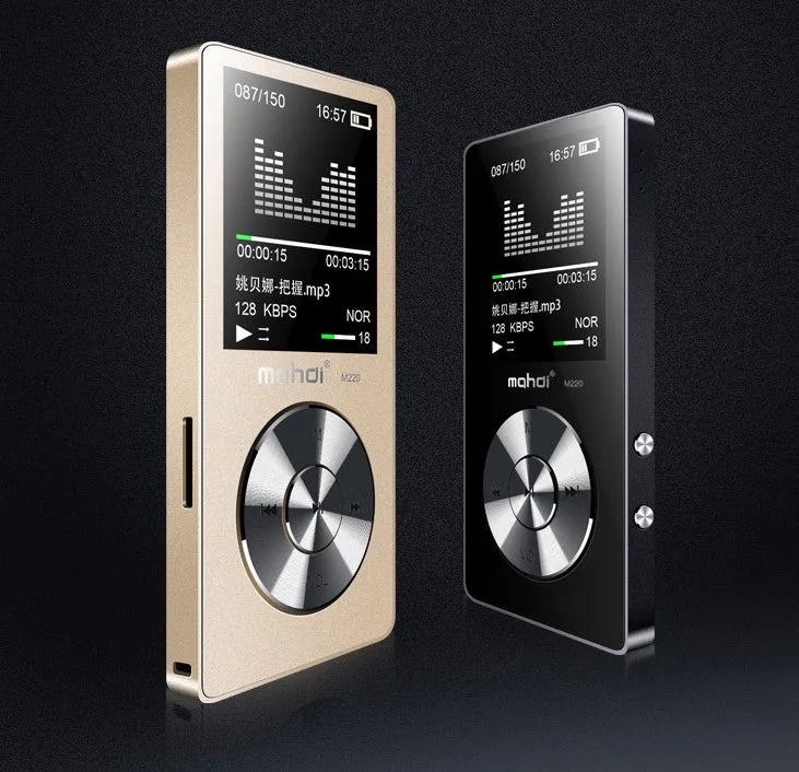 Gold metal MP3 music player with 1.8 inch screen showing audio playback interface