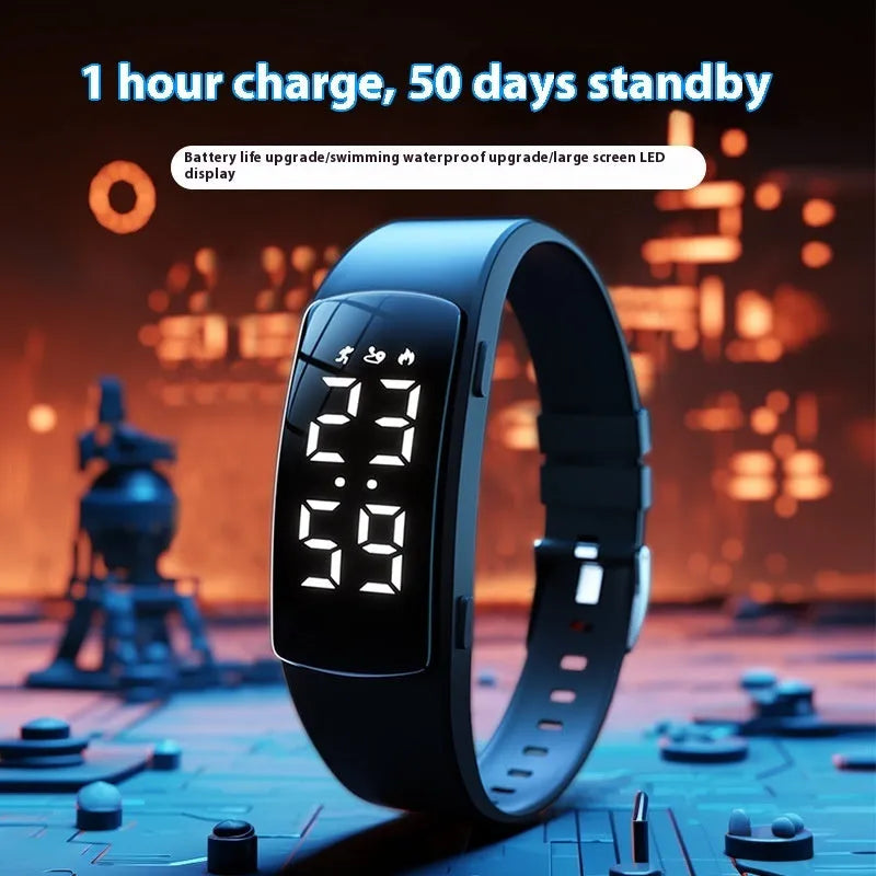 Waterproof vibration alarm clock watch with black silicone strap and LED display showing time