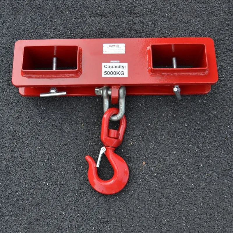 MK forklift rotatable crane hook with safety locking device mounted on forklift forks.