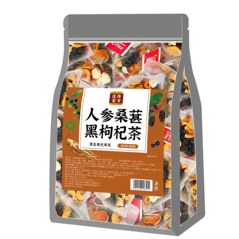 Box of 40 individual ginseng, mulberry and black wolfberry tea sachets, total weight 200g.