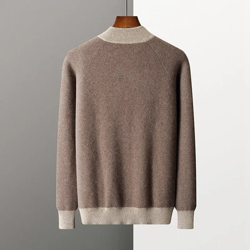 Men's camel-coloured cashmere wool blend half turtleneck zipper cardigan and matching trousers suit set