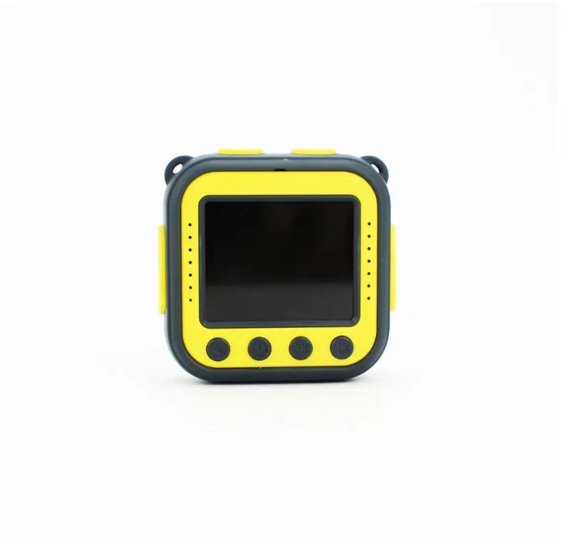 Yellow children's waterproof sports camera with 1.77-inch screen showing HD recording interface