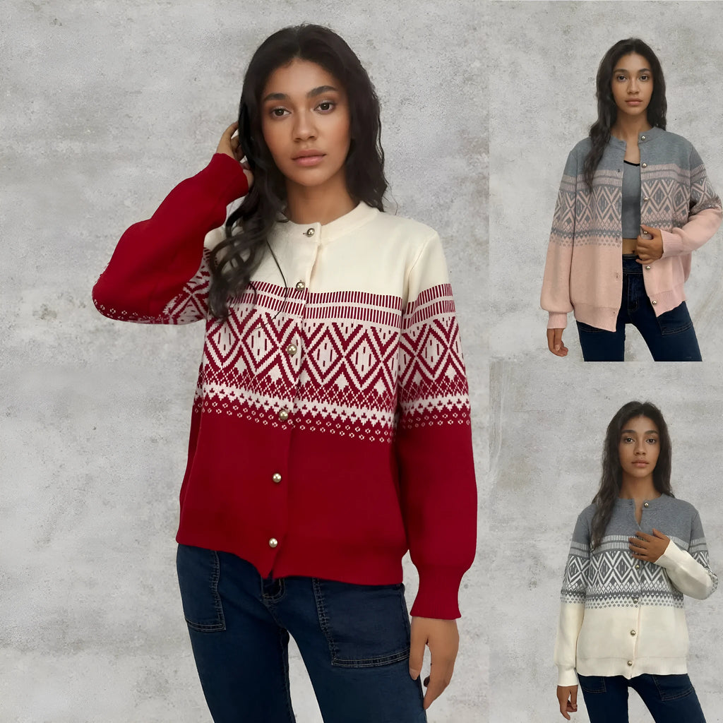 Women's red alpaca fleece cardigan with diamond knit pattern and contrast colour long sleeves