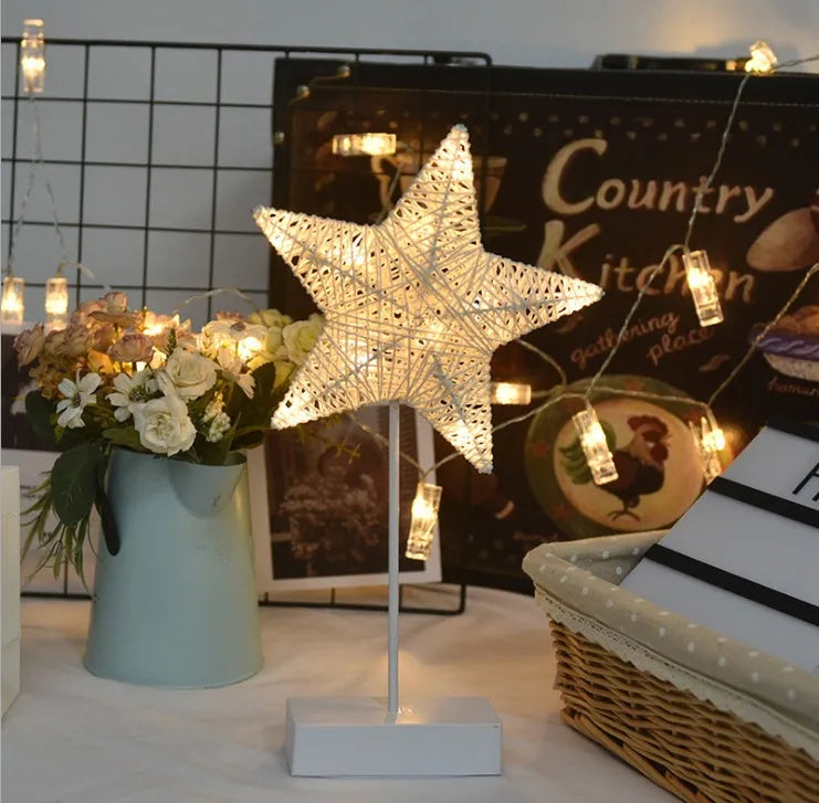 Rattan and PC LED star table lamp with battery operation for bedroom decoration