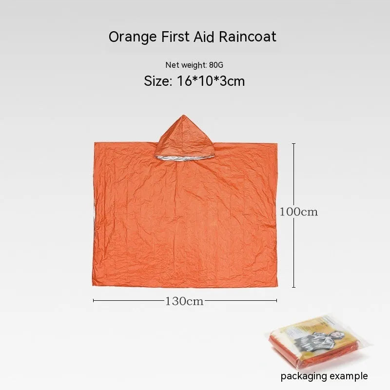Orange portable disaster relief tent kit with sleeping bag, raincoat, and emergency blanket packed together.