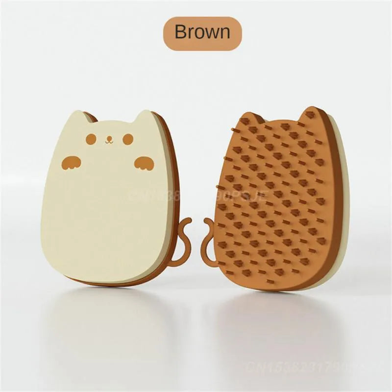 Brown silicone pet grooming comb with dual bristle types for cats and dogs