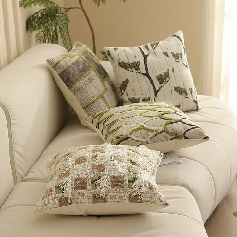 Square jacquard cushion cover with detailed plant and flower pattern in Nordic retro style.