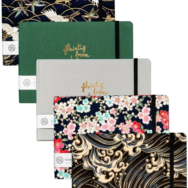 Feiluniao handmade fabric watercolour sketchbook with colourful themed cover, 185mm long.