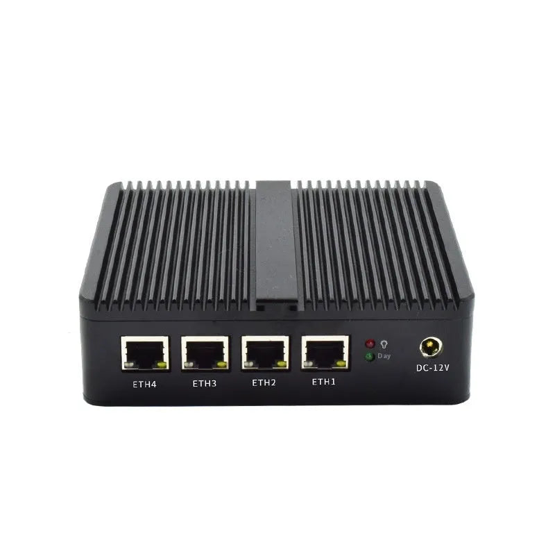 Industrial fanless mini host computer measuring 13.6x12.7x4cm with quad-core processor