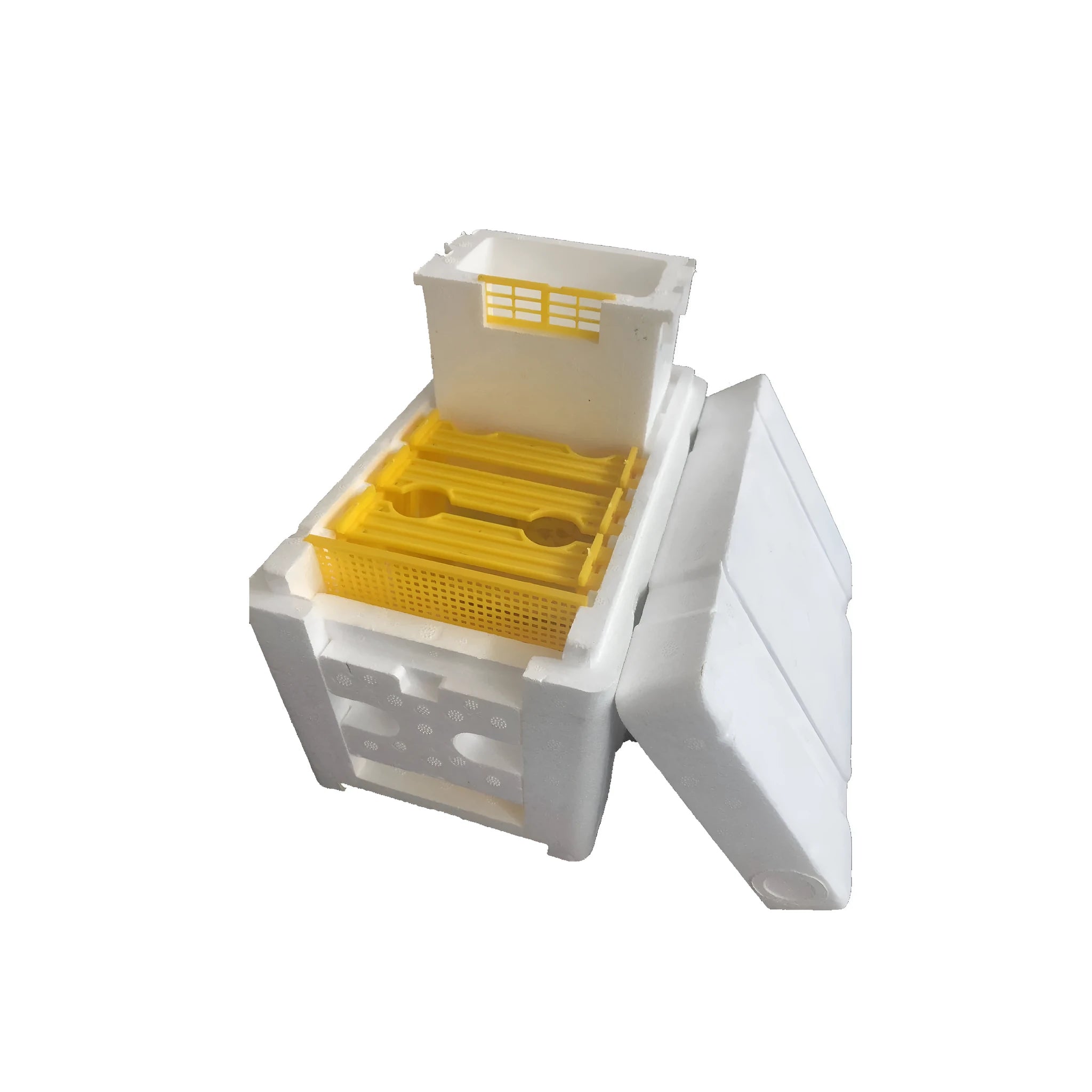 Three white EPS foam mini delivery boxes for bee breeding and queen introduction in beehives