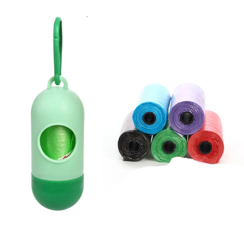 Pet waste bags in six colours showing black, blue, green, light blue, pink and red options