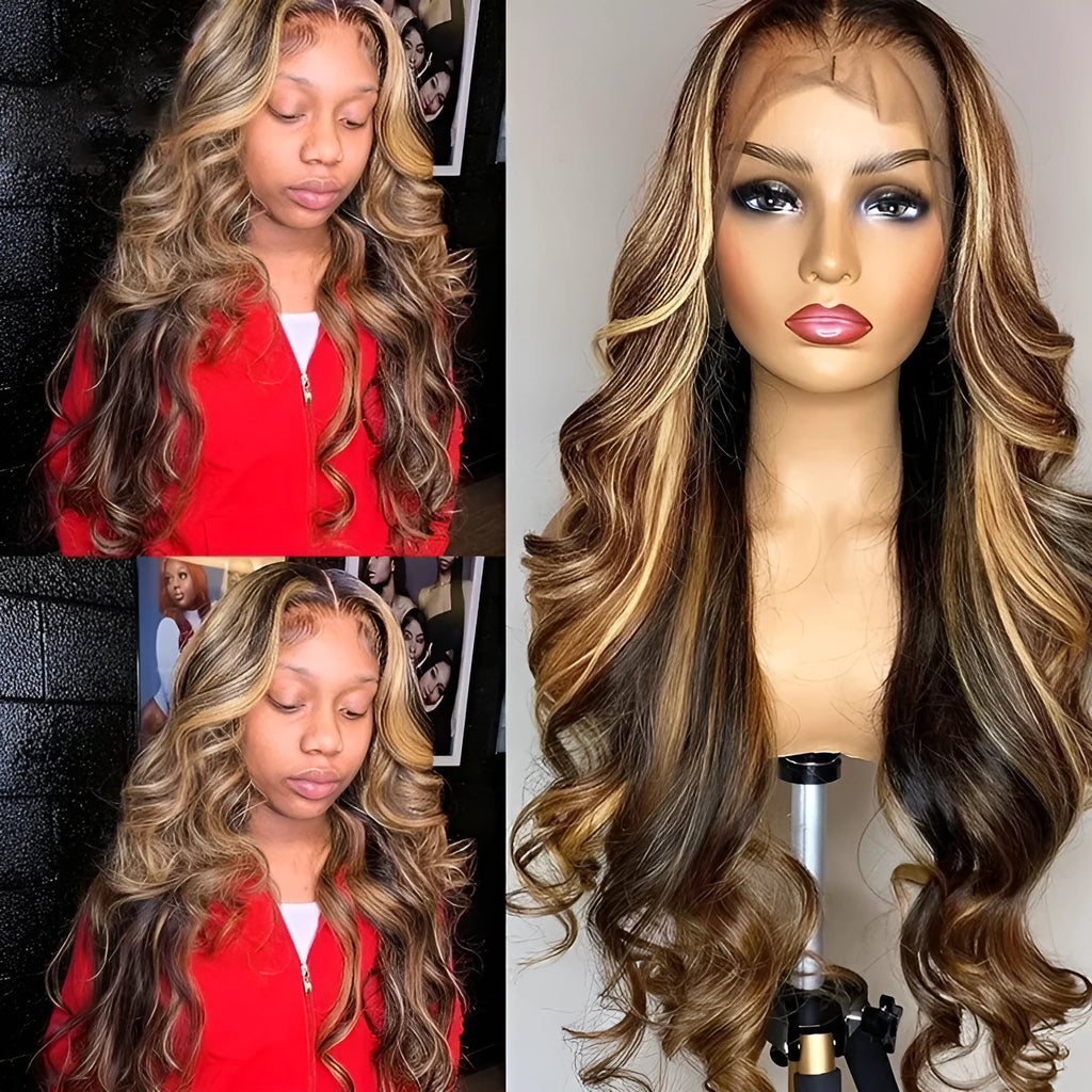Front lace wig with 134 gradient colour long curly hair and side bangs