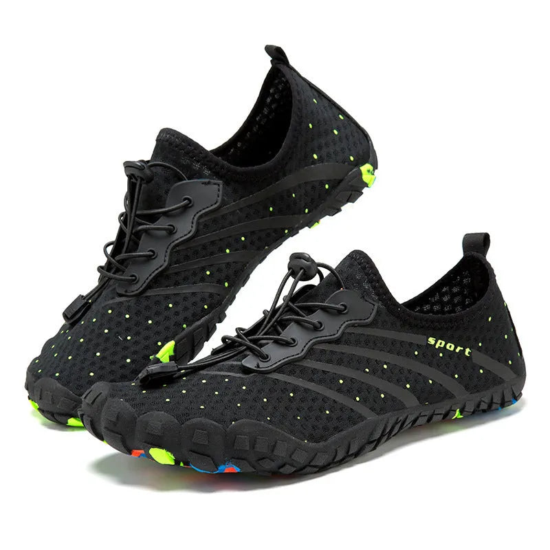 Low-top fast drainage beach swimming shoes in army green with mesh upper and rubber sole.