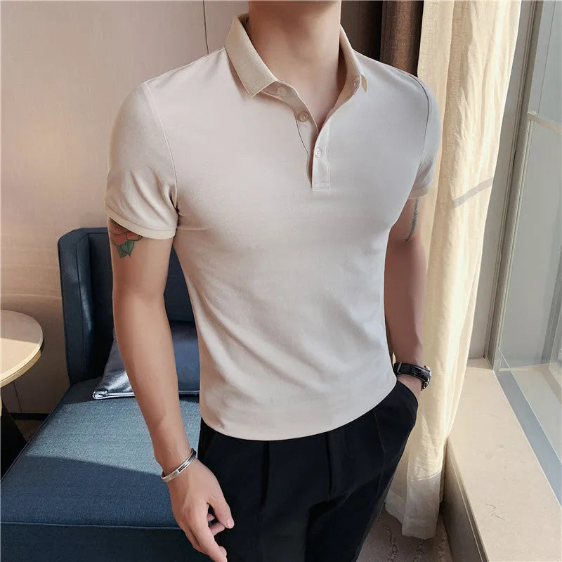 Slim-fit solid colour polo shirt with lapel collar and short sleeves on a hanger.