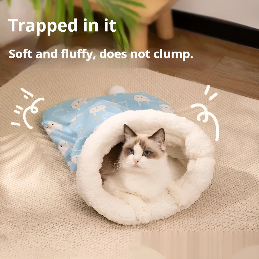 Flannel cat sleeping bag nest bed in blue rabbit print, size 50 cm by 40 cm.