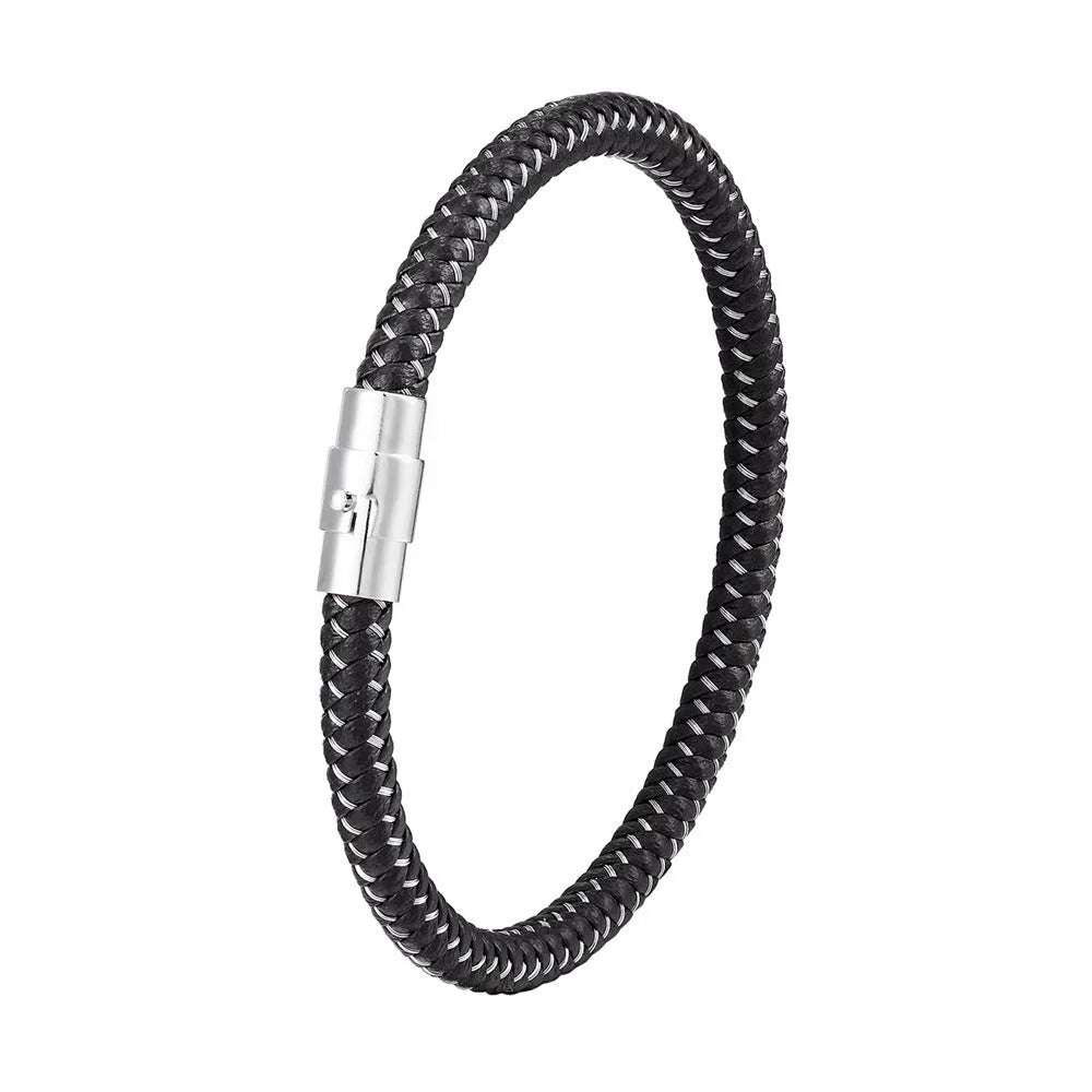 Geometric titanium steel bracelet with magnetic clasp shown in silver tone.