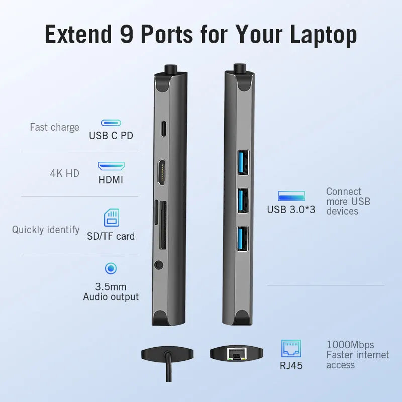 Deep grey USB-C multi-port hub showing HDMI, USB, Ethernet, and card reader ports on a compact rectangular body.