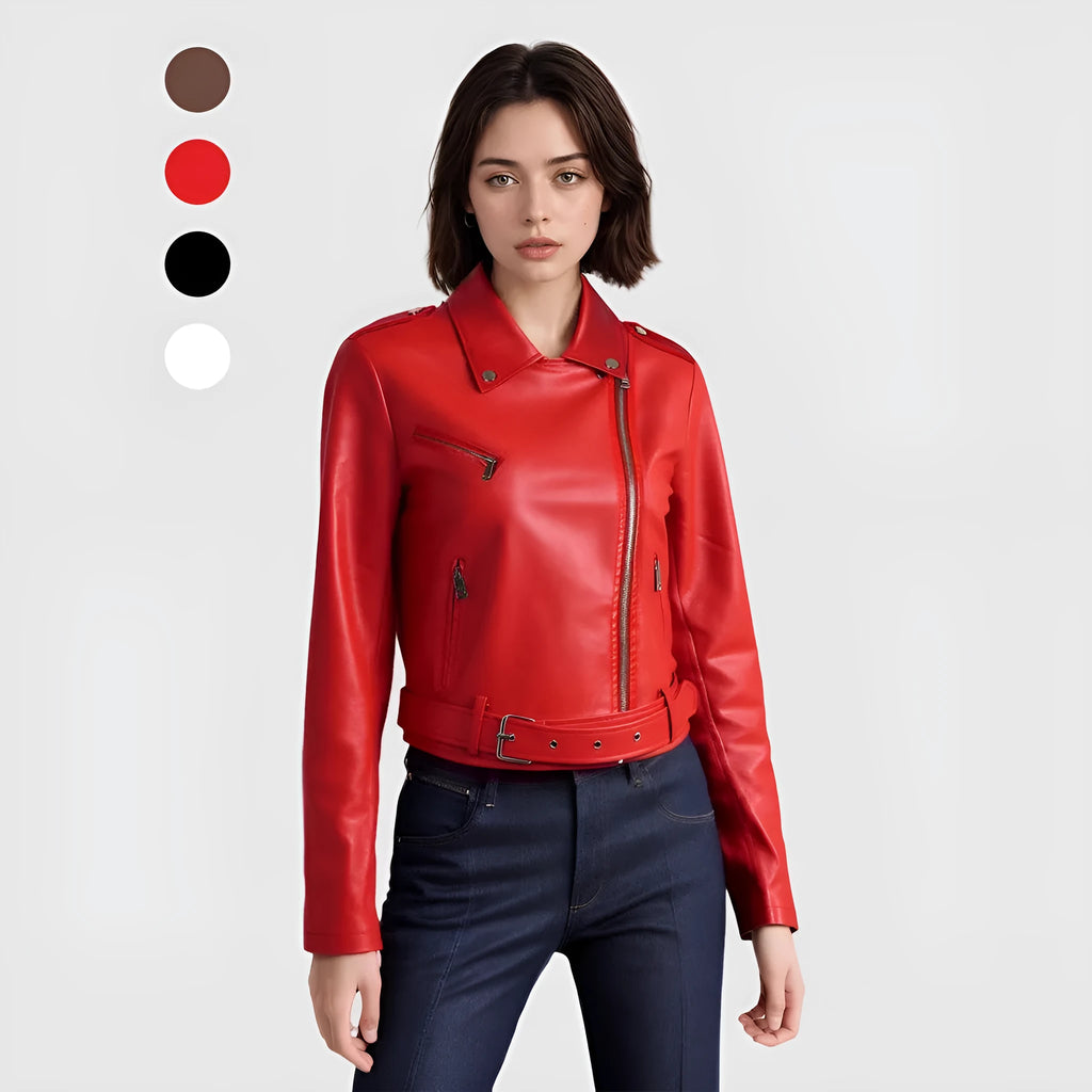 Women's black PU leather motorcycle-style jacket with lapel collar and waist belt