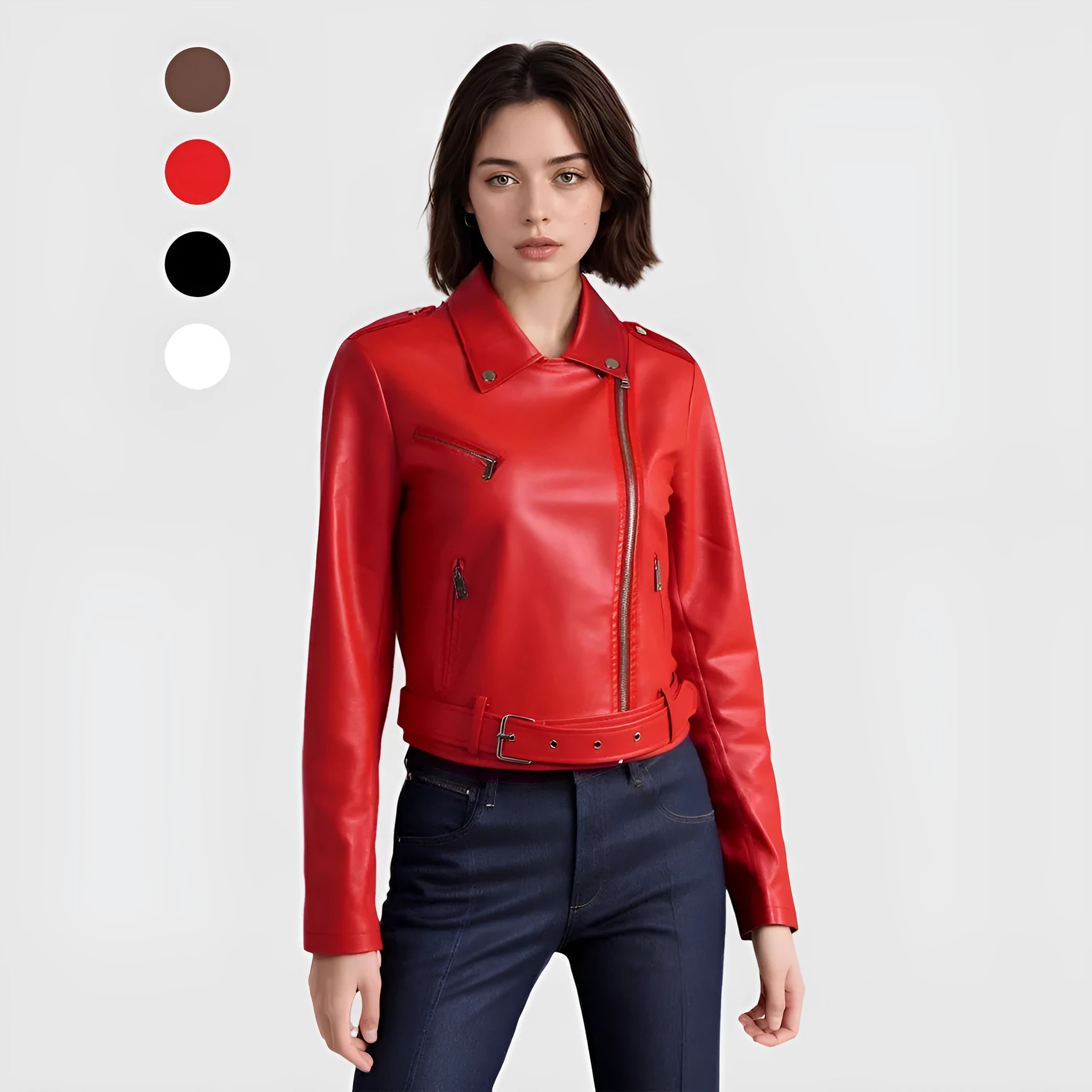 Women's black PU leather motorcycle-style jacket with lapel collar and waist belt