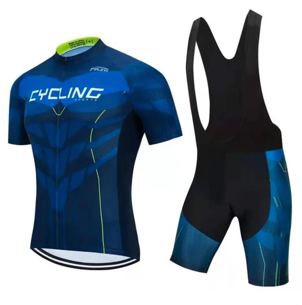 Men's and women's blue cycling jersey and black shorts set for summer biking