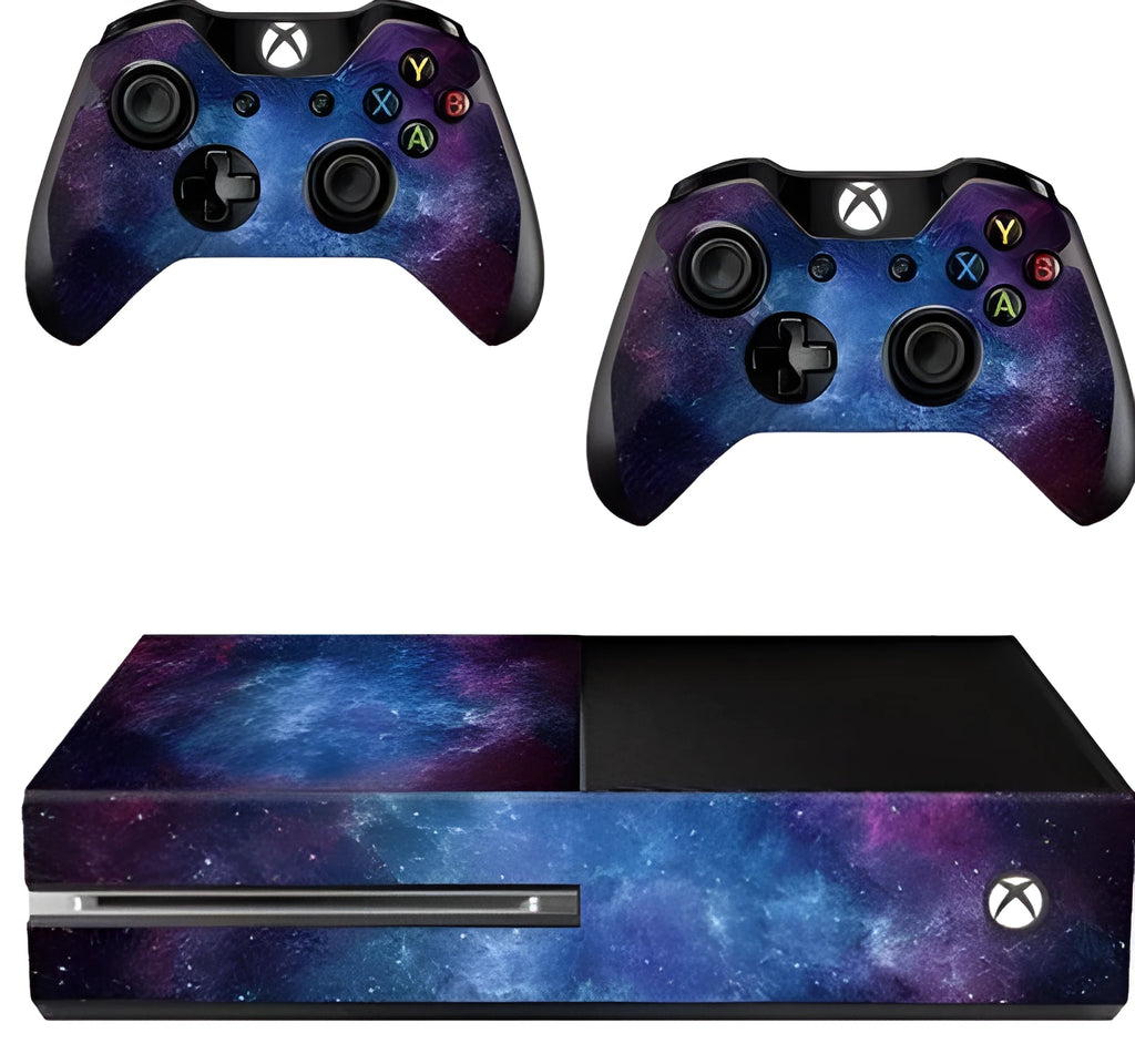 Blue Xbox One film skin sticker with matte finish shown alongside OPP bag packaging
