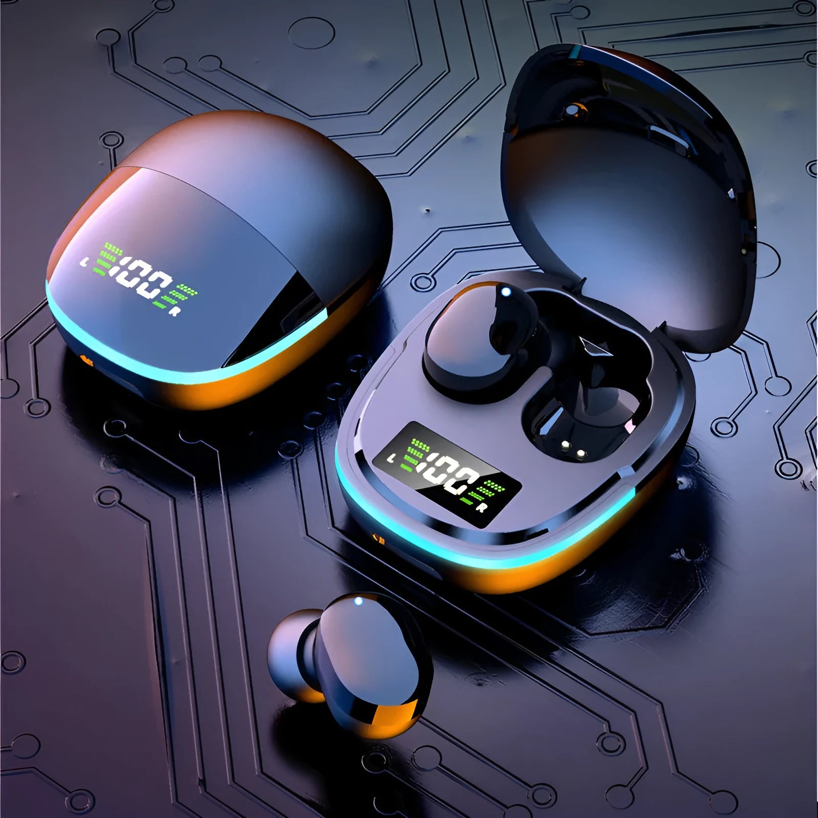 Black true wireless Bluetooth in-ear headphones with a charging case showing digital battery display.