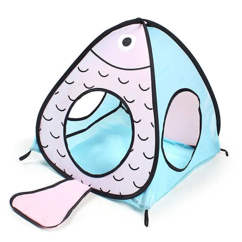 Foldable pet tent tunnel toy set in cat and fish design with three connected sections