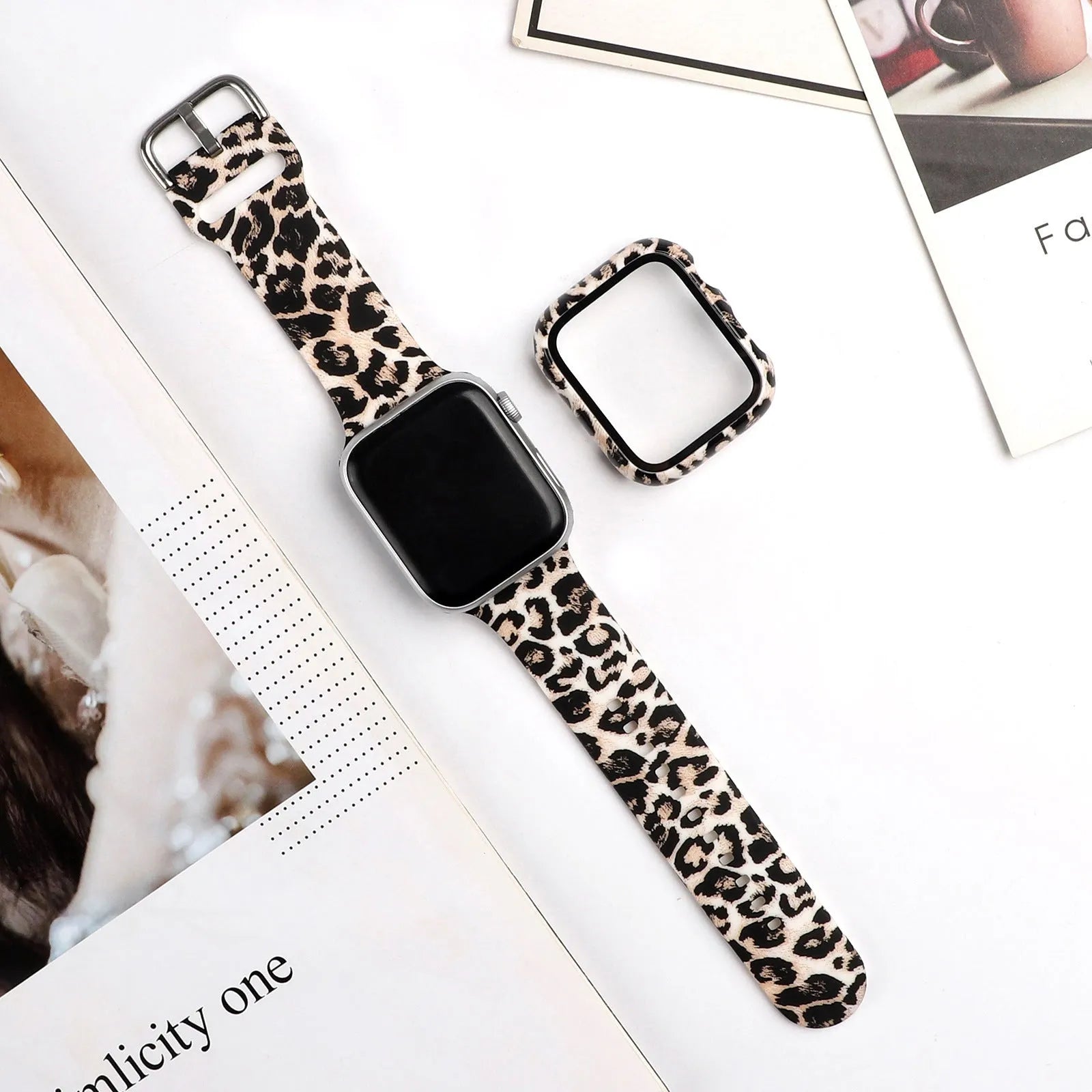 Printed silicone watch strap for Apple Watch showing multiple colourful pattern options.