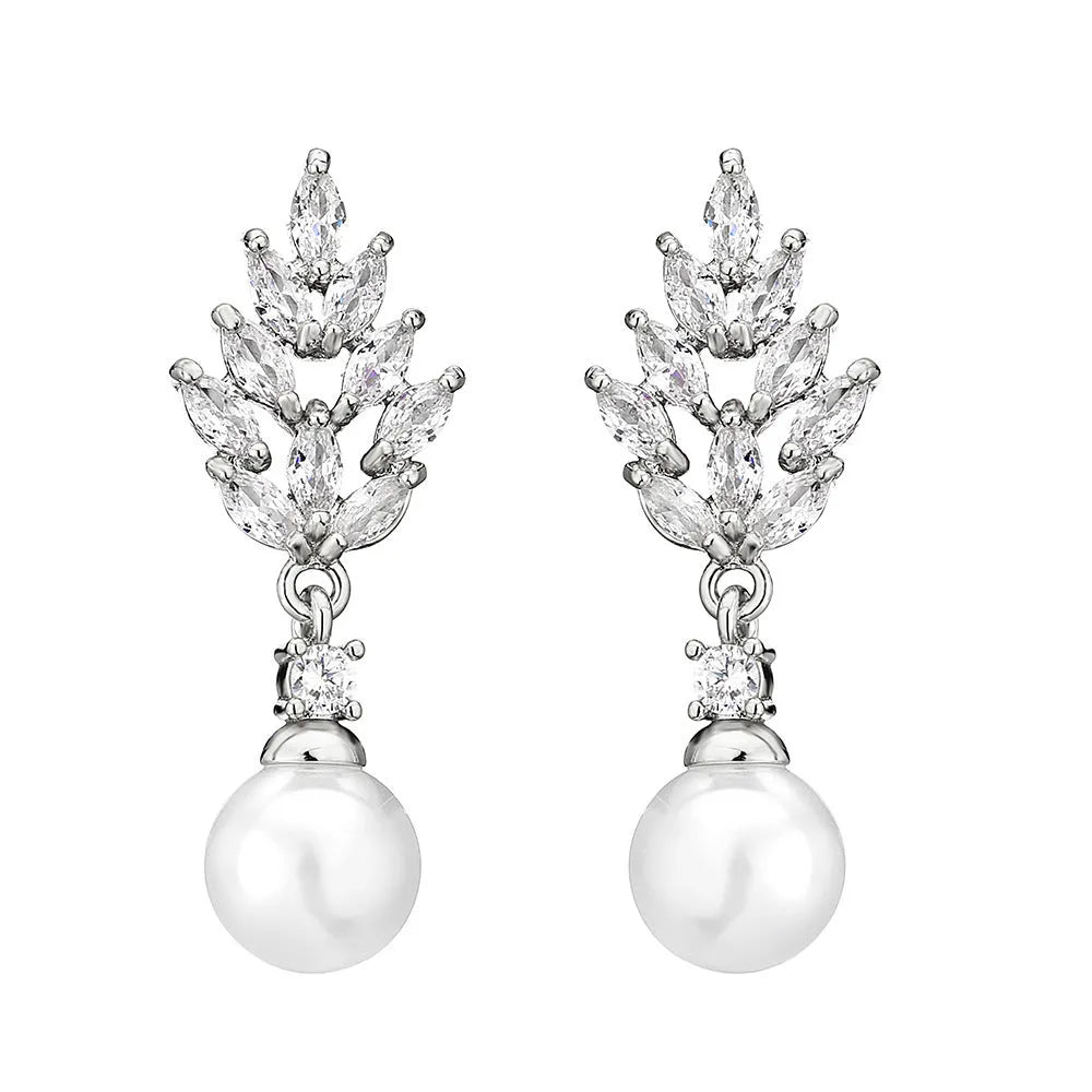 Geometric flower earrings with zircon stones and pearl accents in gold, white gold, or rose gold plating