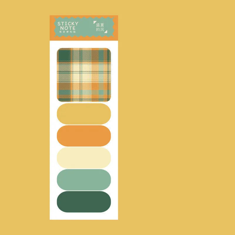 Set of six colourful plaid design sticky note memo pads, each with 20 sheets, showing various solid colours.