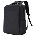Black waterproof laptop backpack with USB port open, showing padded laptop compartment and internal pockets.