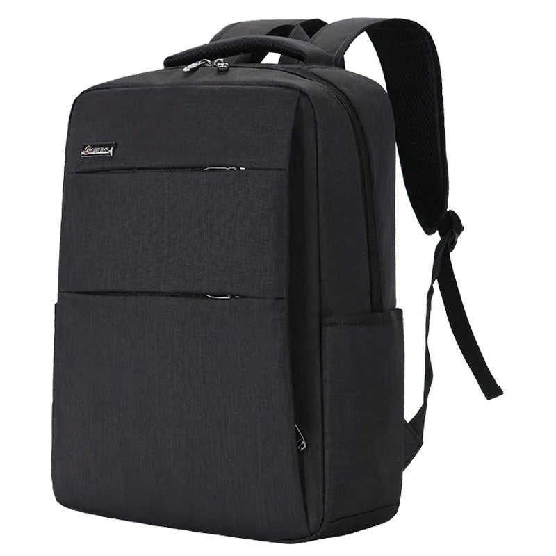 Black waterproof laptop backpack with USB port open, showing padded laptop compartment and internal pockets.