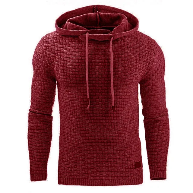 Men's black cotton-polyester blend hooded sweatshirt on a hanger.