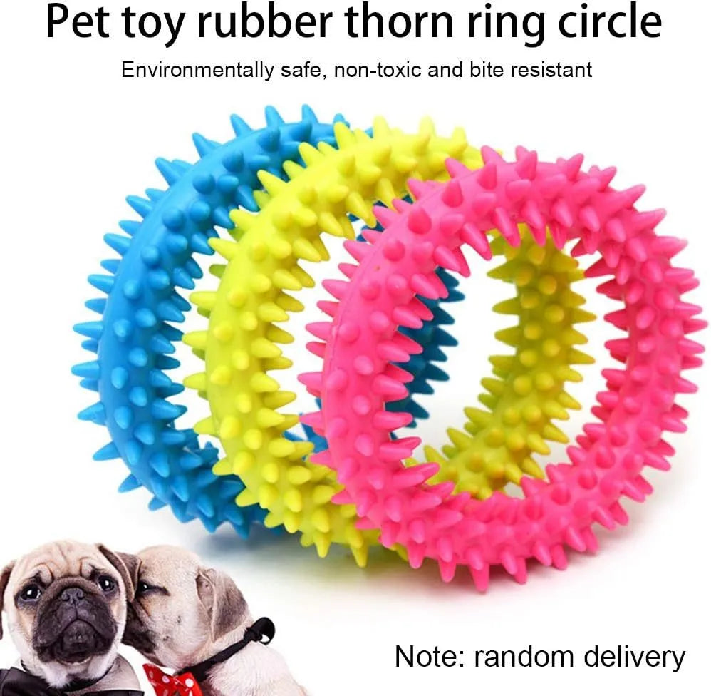TPR spiky circle ring dog chew toy in assorted colours showing dental cleaning nubs