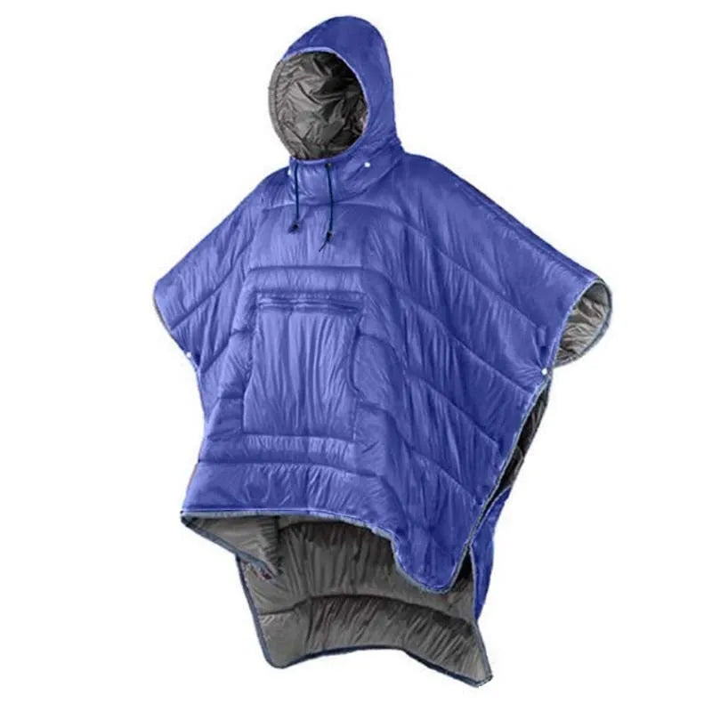 Army green outdoor cloak sleeping bag laid flat showing its 200x140cm size and wearable hood design.