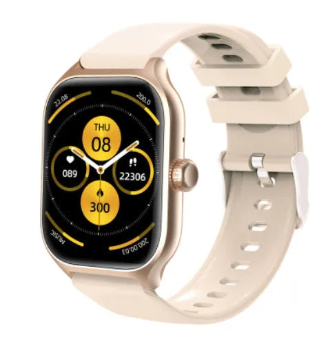Bluetooth smart watch with black silicone strap displaying heart rate on its touch screen.