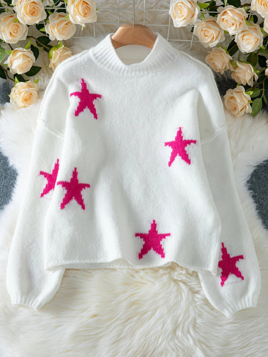 White women's turtleneck pullover sweater with five-pointed star pattern on imitation velvet fabric
