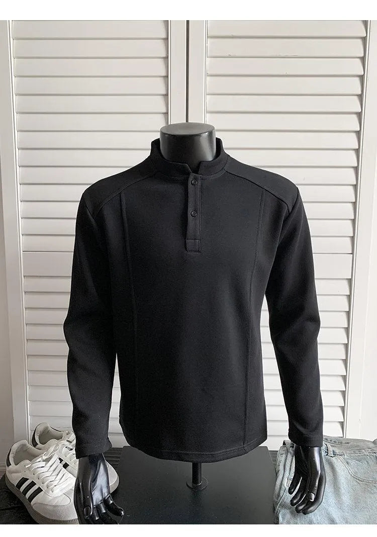 Men's asymmetric patchwork stand-up collar polo shirt in Chinese cotton fabric with loose fit