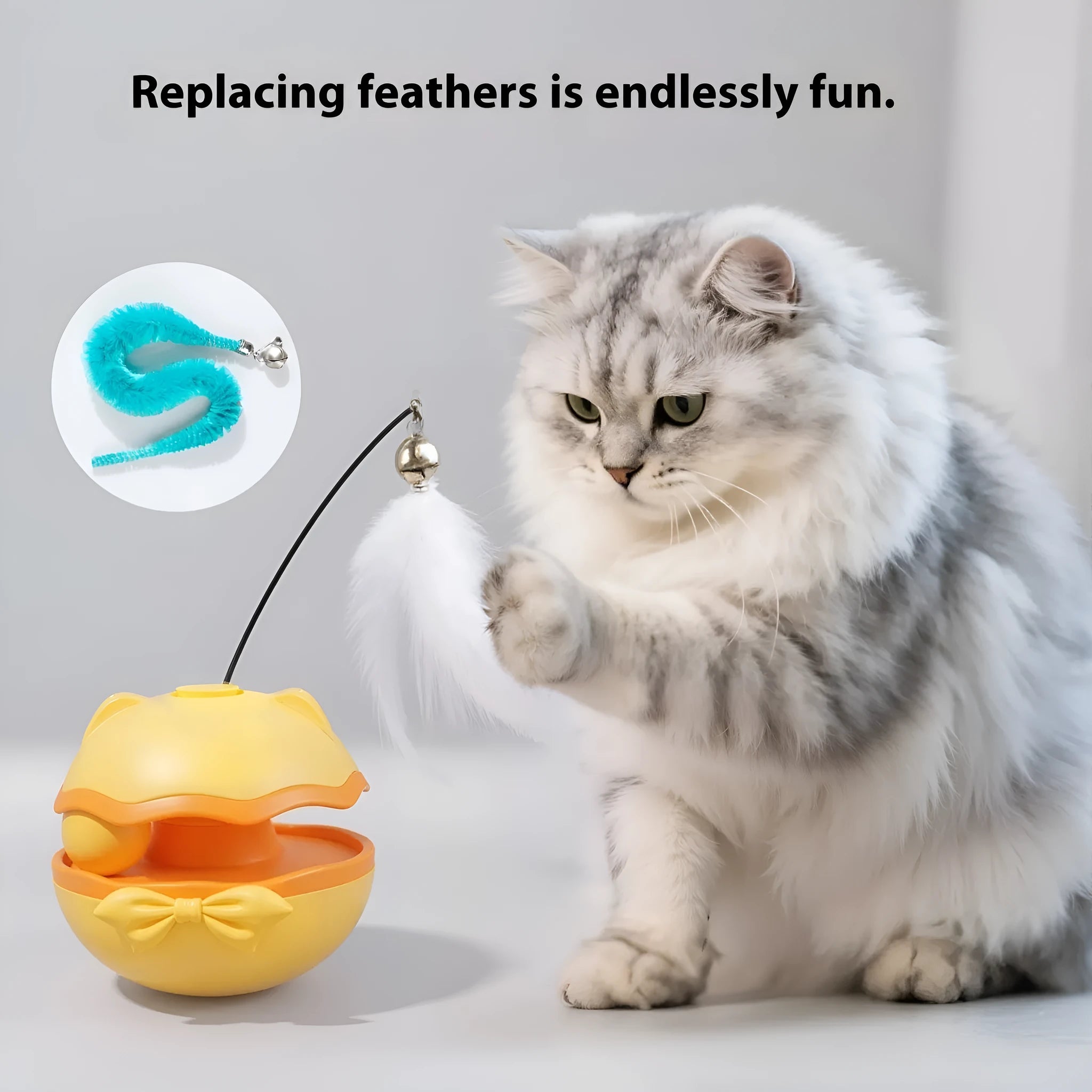 Electric cat toy tumbler with self-moving action and teaser wand attachment in plastic construction