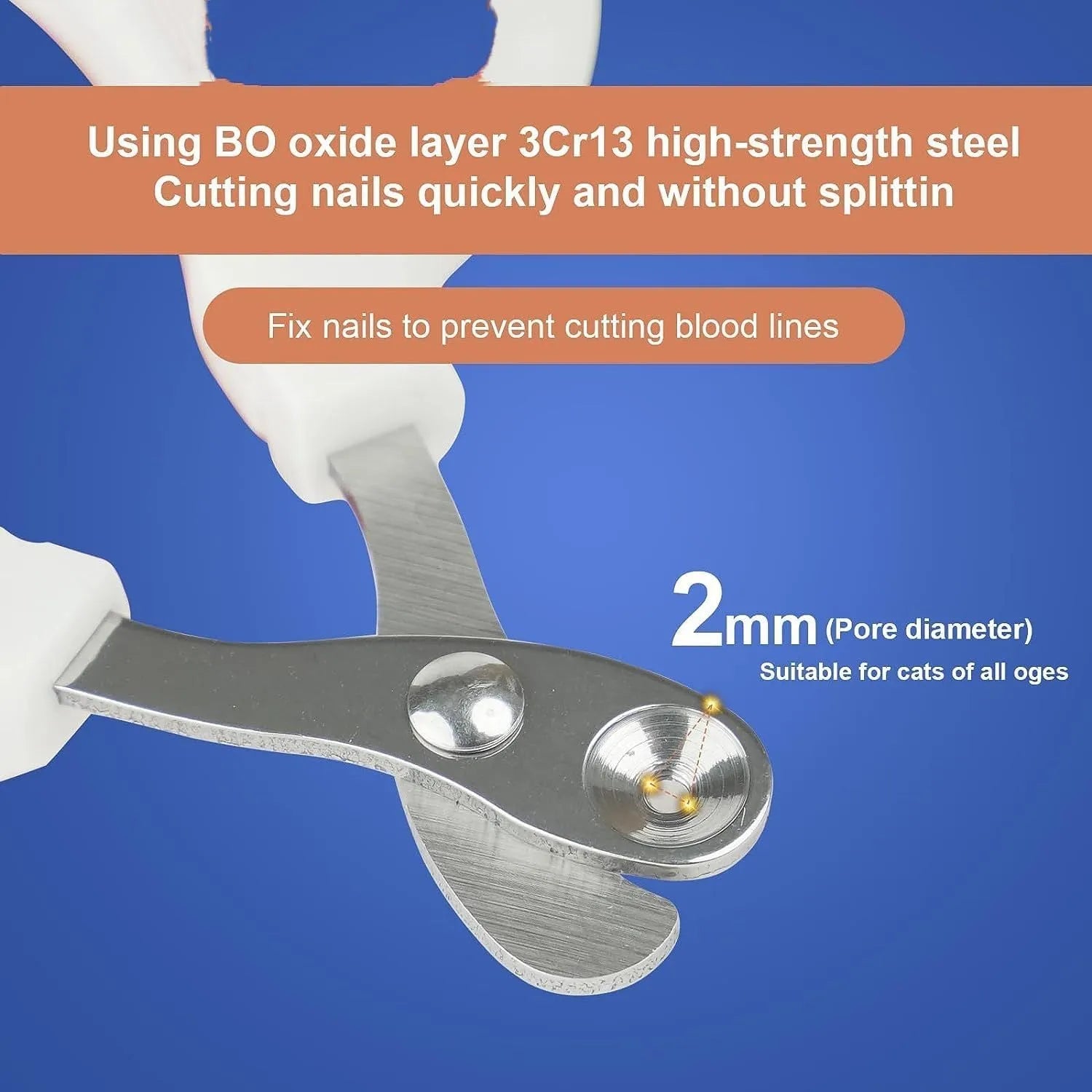 Blue pet nail clippers with circular cut hole and non-slip grip handles on a white background