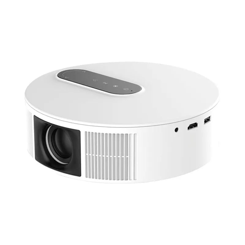 White 720p HD home theatre projector with remote control for bedroom cinema setup