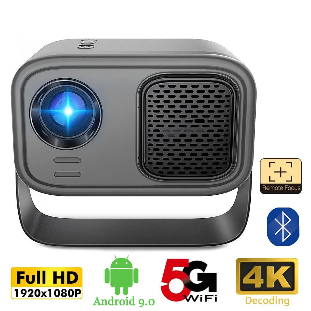 Black portable smart projector with remote control showing HD 1280x720 resolution and 150 lumens specifications