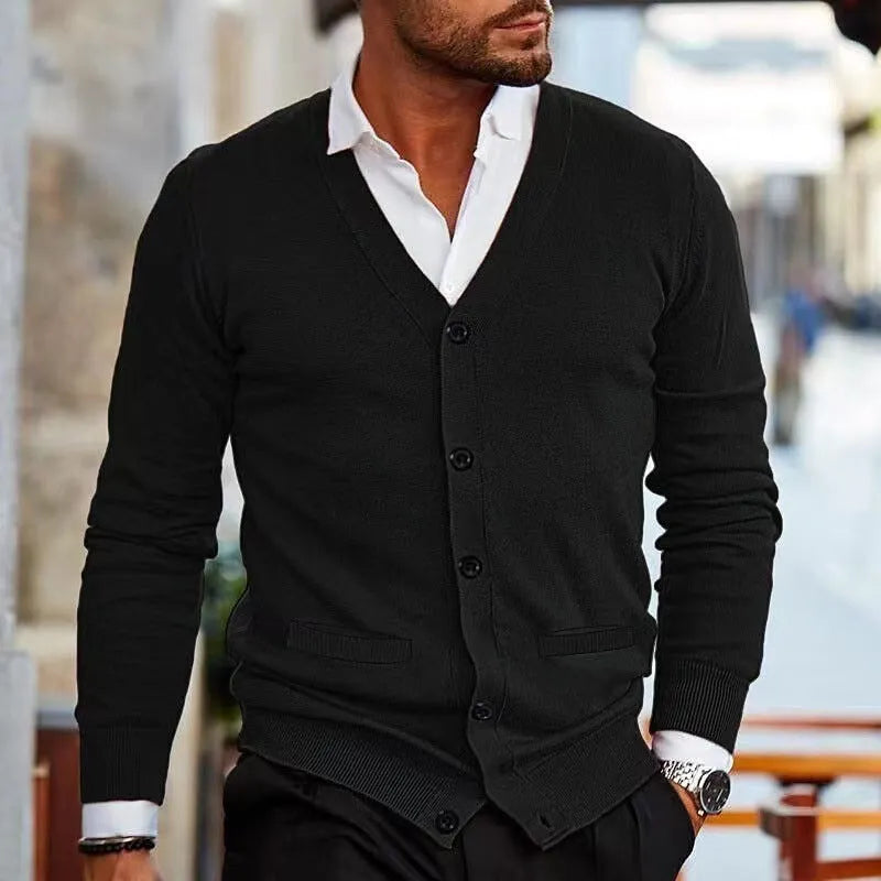 Men's slim fit acrylic cardigan in light grey, shown as a long-sleeved sweater coat open at the front.